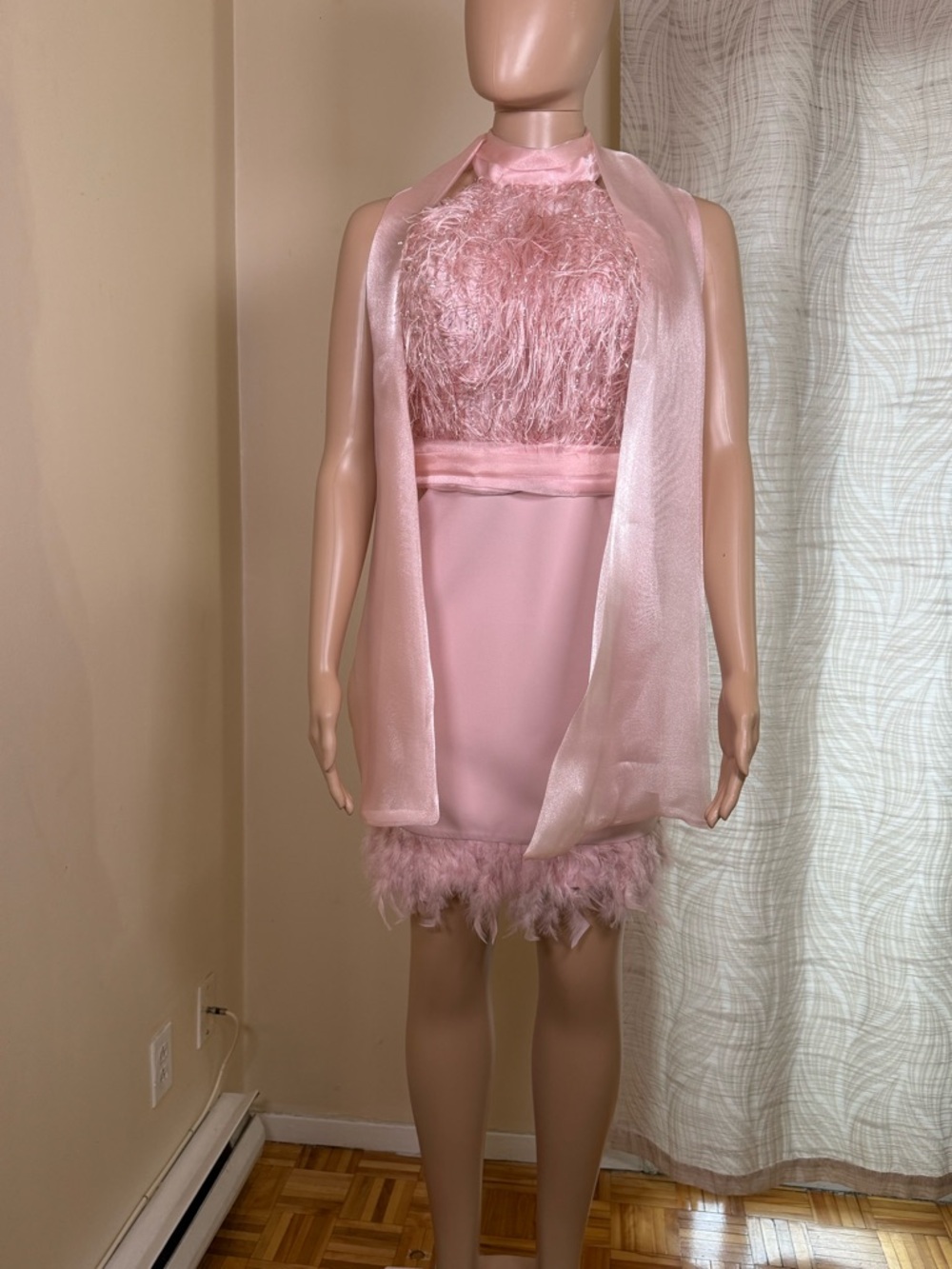 Pink Feather Trim Halter Mini Dress